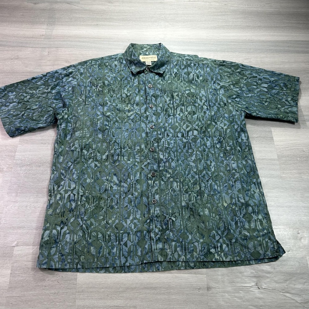 Johari West Shirt Mens XL Green Geometric Short Sleeve Button Up Cotton Casual